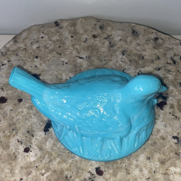 Vintage Westmoreland Handmade Milk Glass Lidded Dish Blue Nesting Bird 1890-1930 - Picture 14 of 16